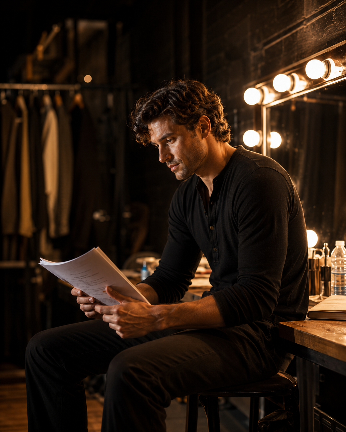 Actor reviewing script backstage under dressing-room lights before performing
