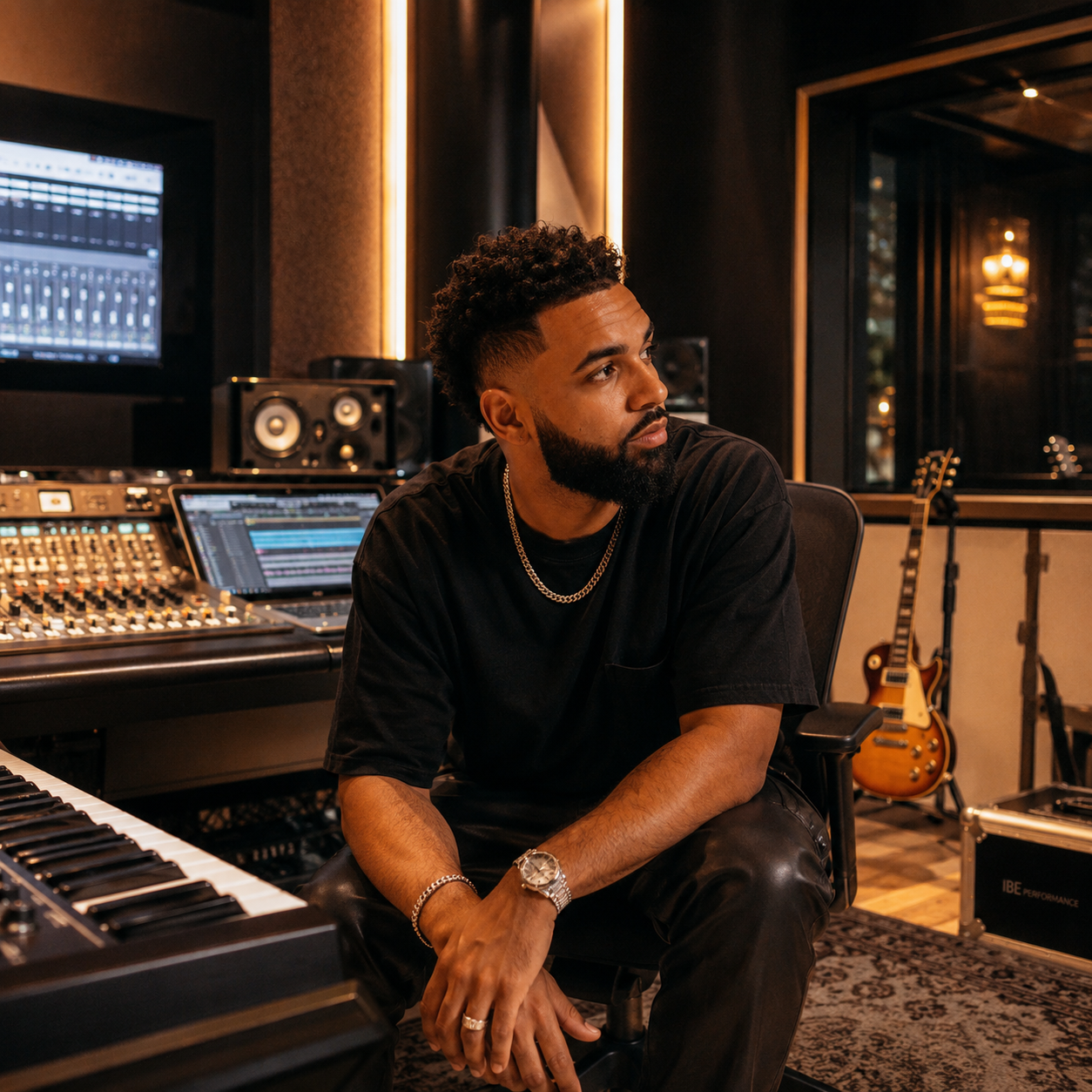 Recording artist seated inside a studio, preparing and reflecting before performing