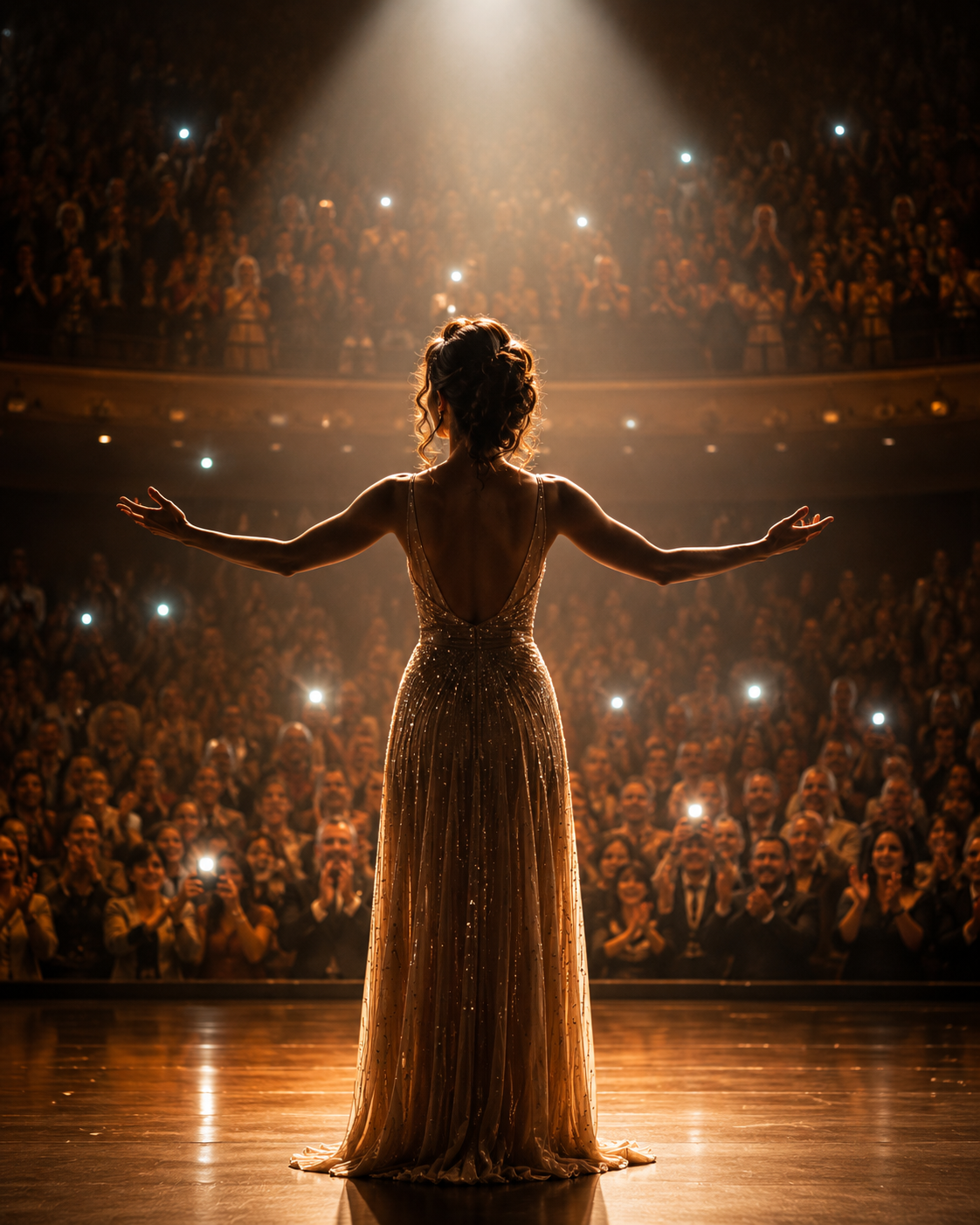 Performer standing under a spotlight facing a live audience