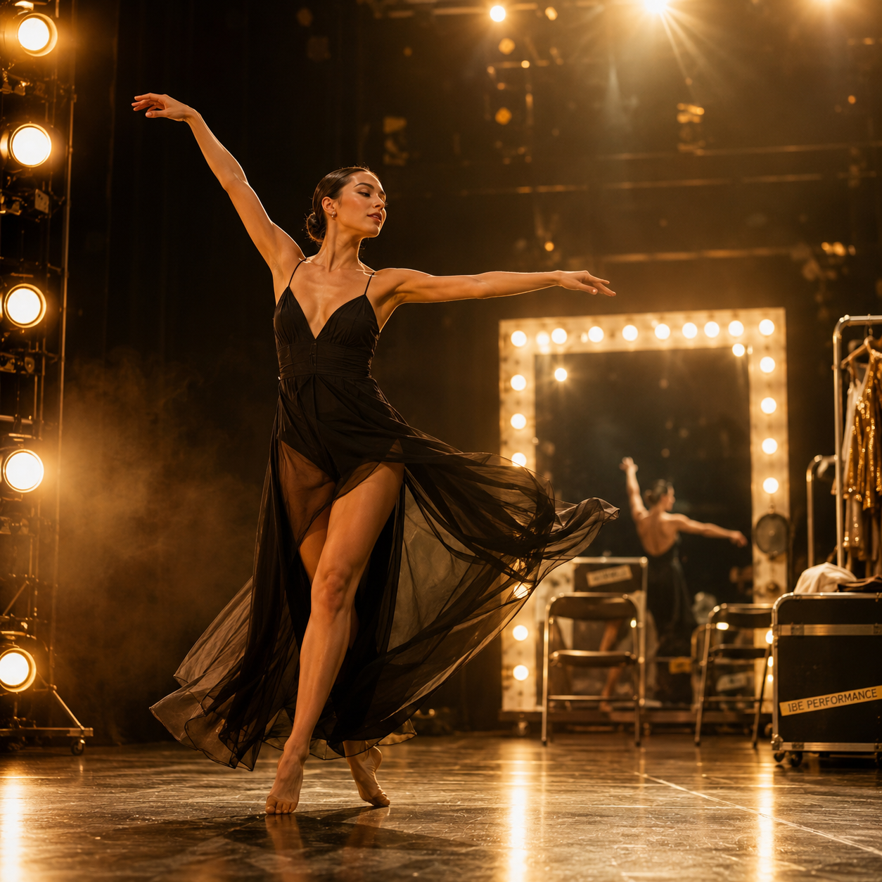 Dancer moving across a stage in warm theatrical light during rehearsal