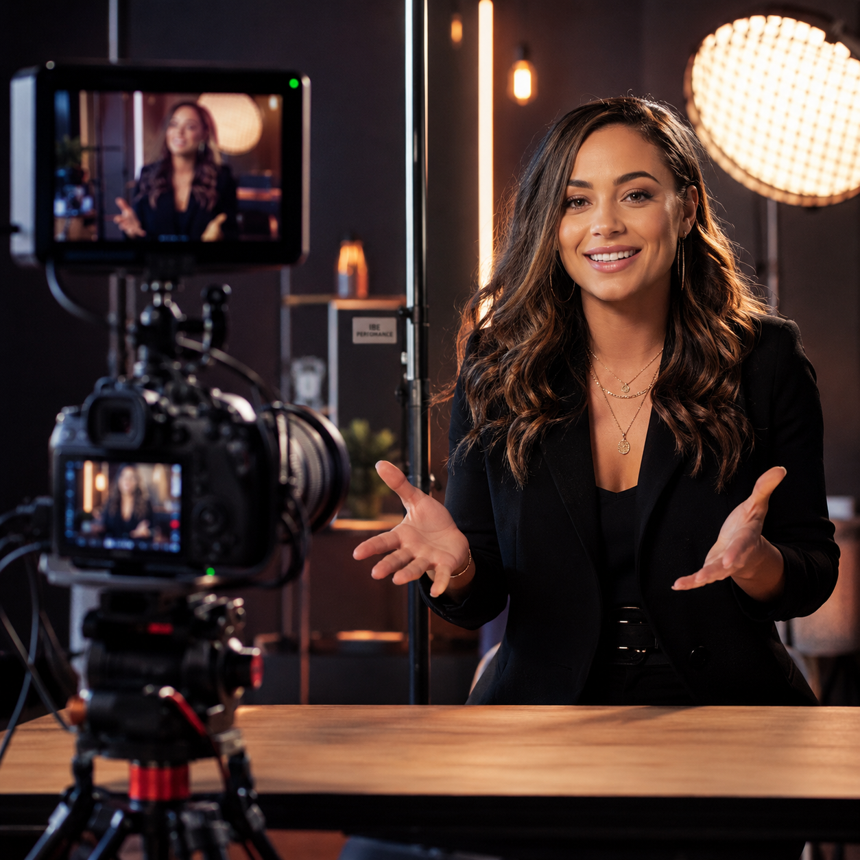 Content creator speaking on camera inside a professional studio setup