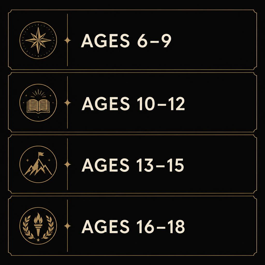IBE age and stage matrix for youth mental performance: ages 6–9, 10–12, 13–15, 16–18.
