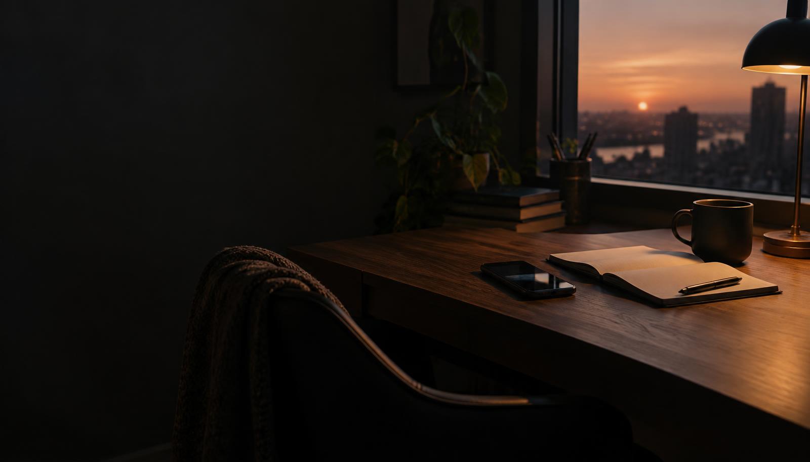 Quiet desk with a phone and notebook at dusk