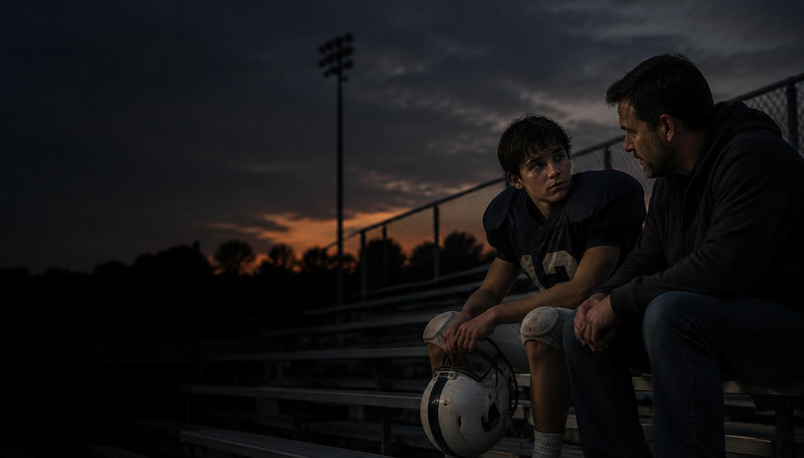 Parent and young athlete talking on the bleachers after a game